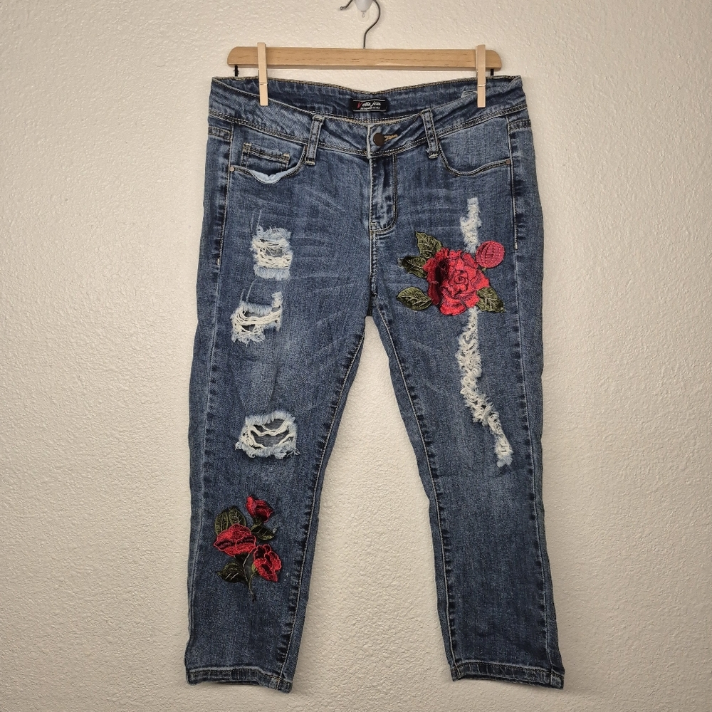 Keya Jeans Red Rose Patch Designs Distressed Ripped Denim Womens Size 5